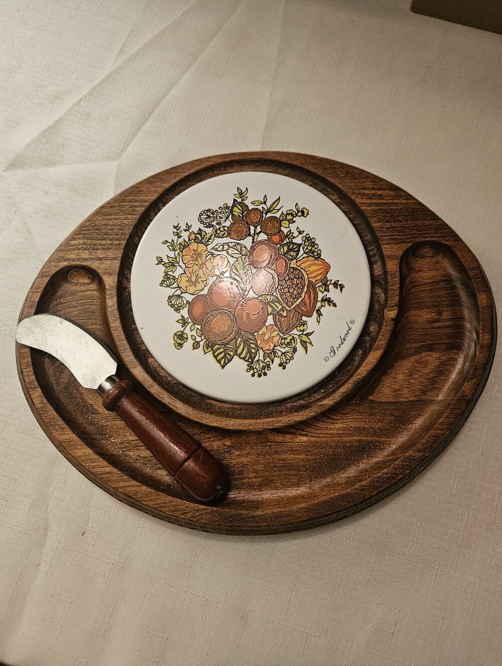 MCM Wooden Cheese/Crackers with Orange Floral Ceramic Inset